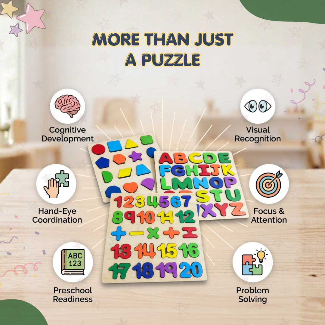 Wooden Alphabet, Numbers & Shapes Puzzle Set | Smart Learning Through Play | Ages 3+