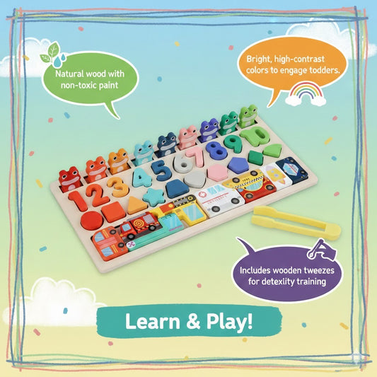 Wooden Frog Counting & Shape Sorting Puzzle Board