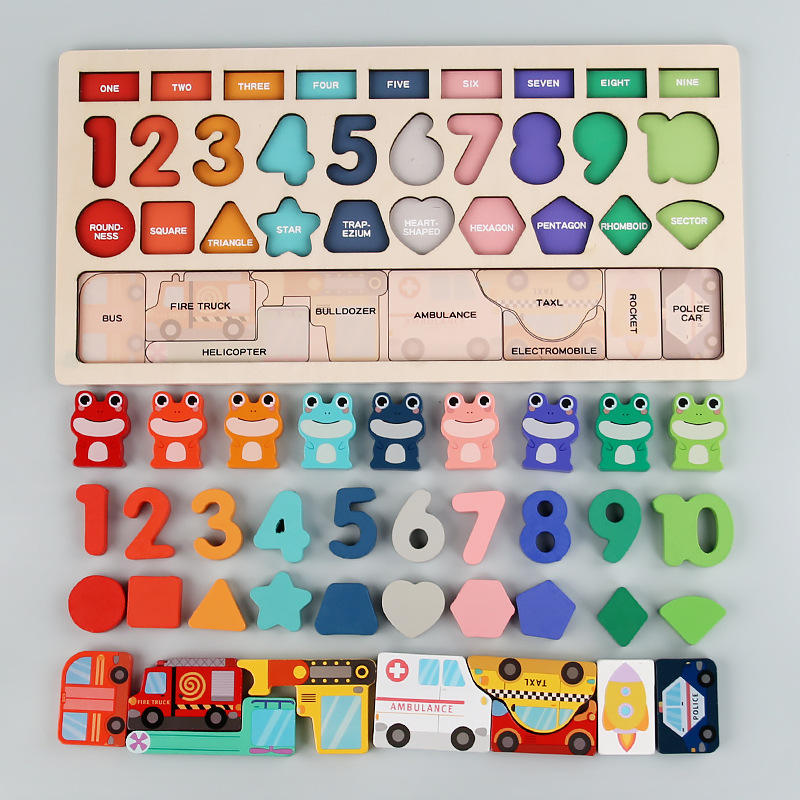 Montessori Wooden Frog Counting & Shape Sorting Puzzle Board