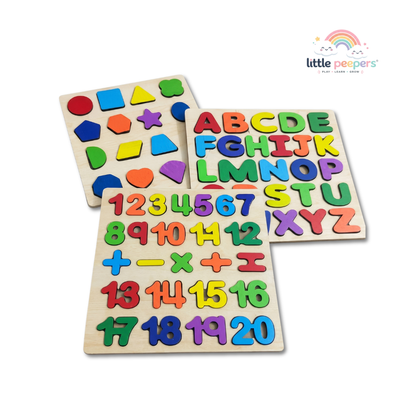 Wooden Alphabet, Numbers & Shapes Puzzle Set | Smart Learning Through Play | Ages 3+