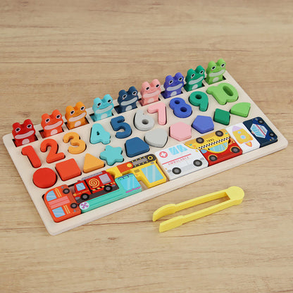 Montessori Wooden Frog Counting & Shape Sorting Puzzle Board