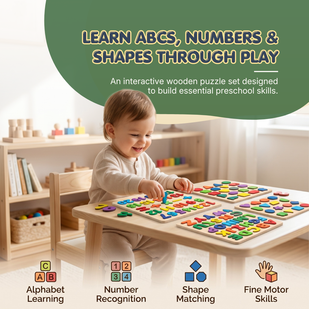 Wooden Alphabet, Numbers & Shapes Puzzle Set | Smart Learning Through Play | Ages 3+
