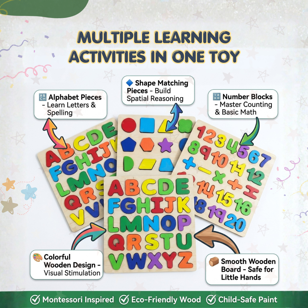Wooden Alphabet, Numbers & Shapes Puzzle Set | Smart Learning Through Play | Ages 3+