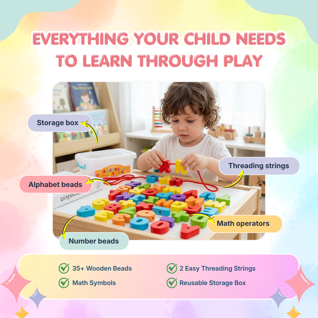 Wooden Alphabet & Number Beads Set | Smart Learning Through Play | Ages 3+