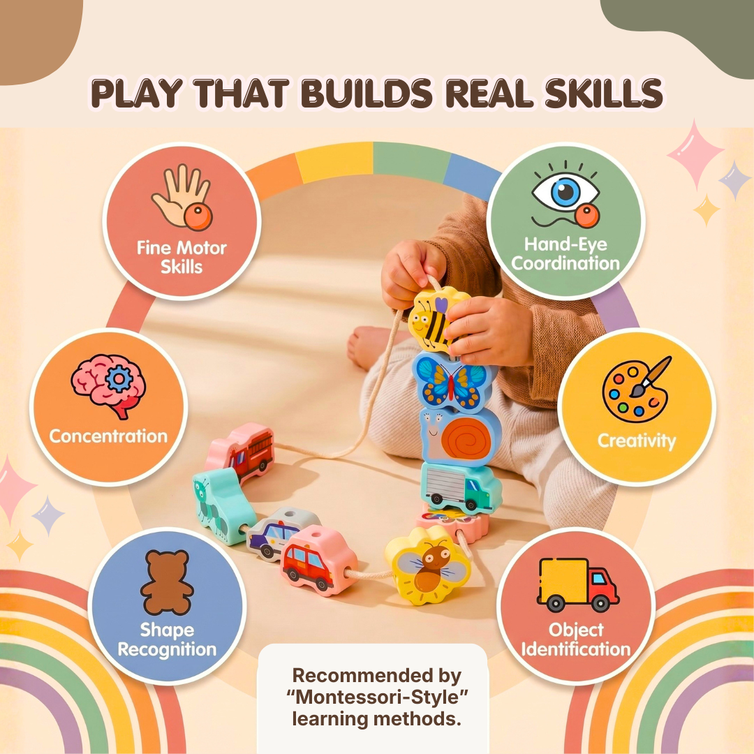 Wooden Animal & Vehicle Beads Set | Improve Focus & Fine Motor Skills | Ages 3+