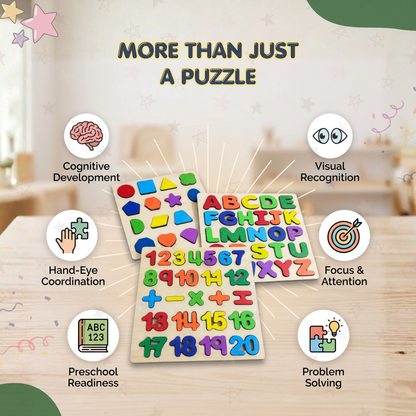 Wooden Alphabet, Numbers & Shapes Puzzle Set | Smart Learning Through Play | Ages 3+