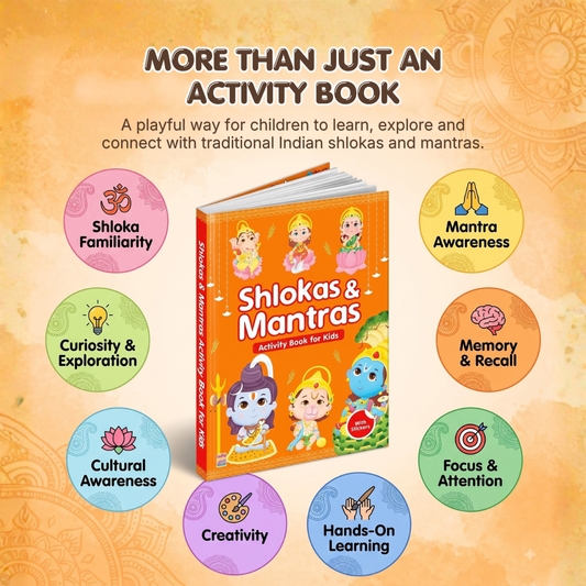 Promotional graphic for a children's activity book titled 'Shlokas & Mantras' shown standing upright in the center, surrounded by circular callouts highlighting learning benefits such as Shlokas Familiarity, Mantra Awareness, Memory & Recall, Focus & Attention, Creativity, Hands-On Learning, Cultural Awareness, and Curiosity & Exploration. The background is a warm orange patterned design with decorative text at the top reading 'MORE THAN JUST AN ACTIVITY BOOK.