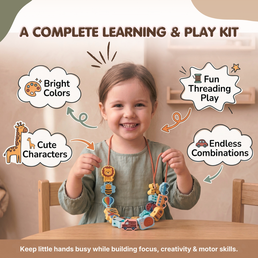 Wooden Animal & Vehicle Beads Set | Improve Focus & Fine Motor Skills | Ages 3+