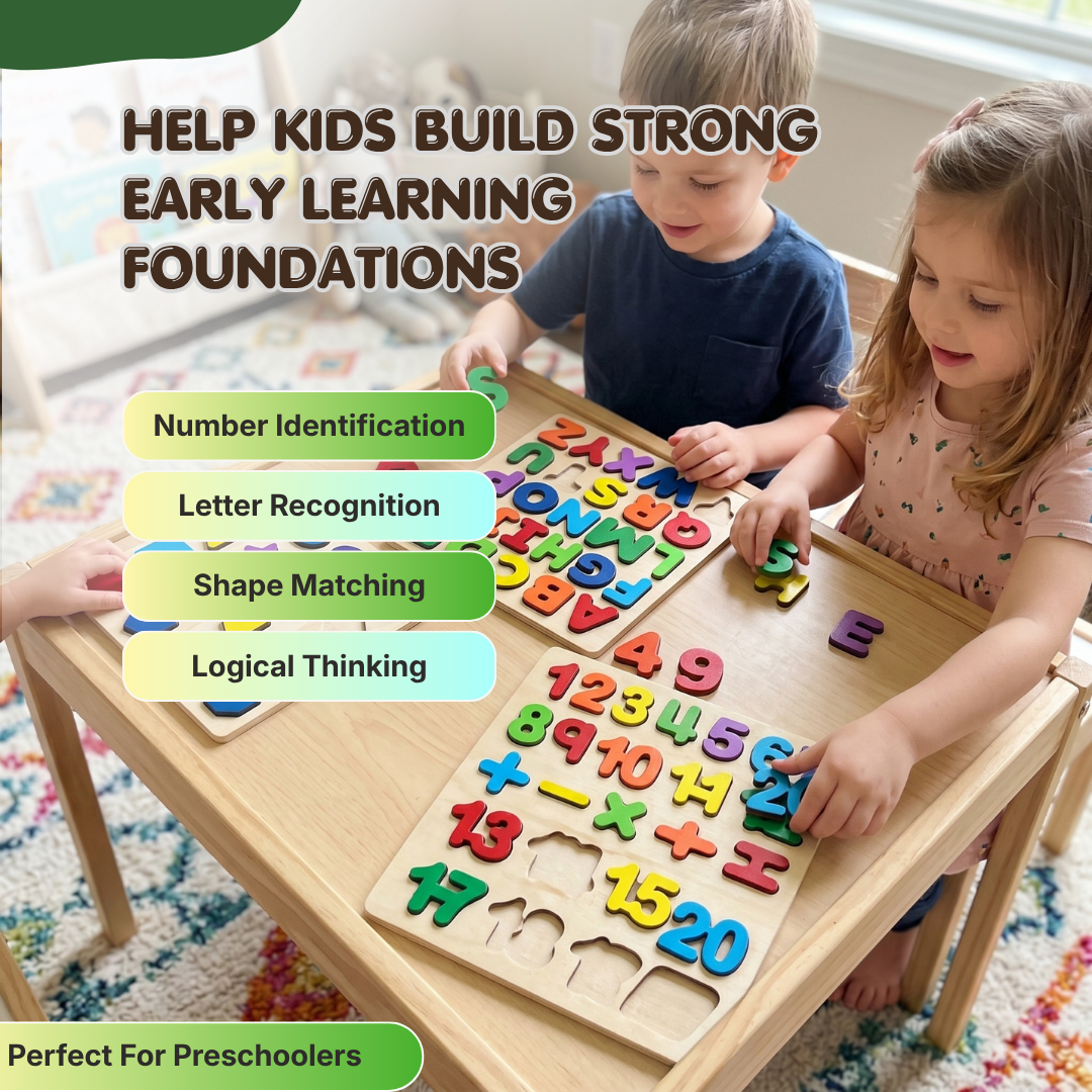 Wooden Alphabet, Numbers & Shapes Puzzle Set | Smart Learning Through Play | Ages 3+