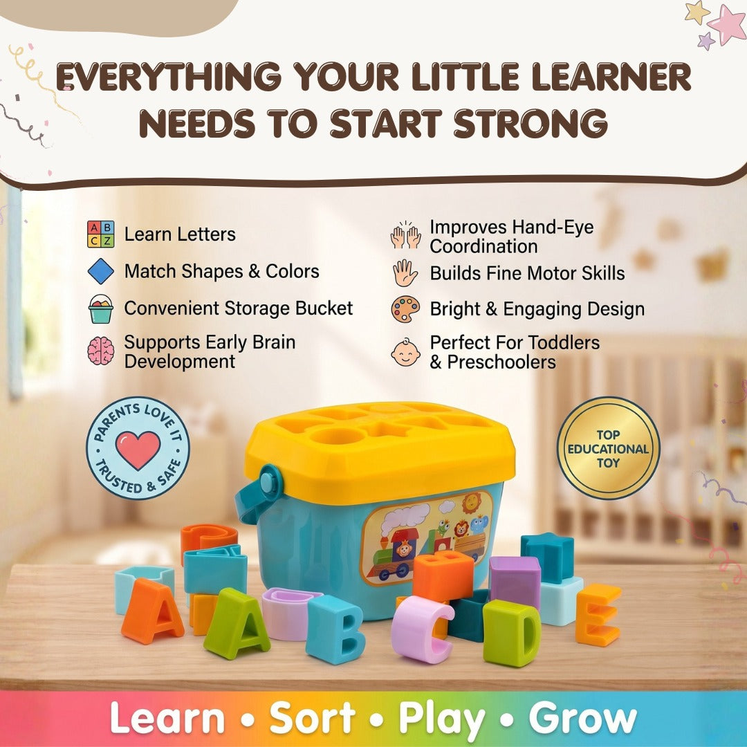 Alphabet & Shape Sorter Bucket – Educational Learning Toy for Toddlers