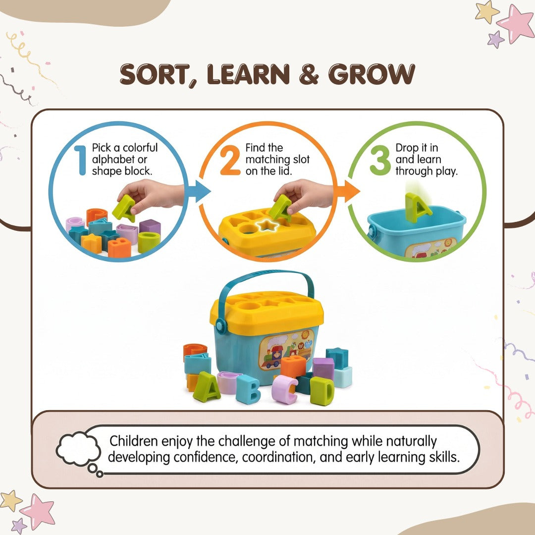 Alphabet & Shape Sorter Bucket – Educational Learning Toy for Toddlers
