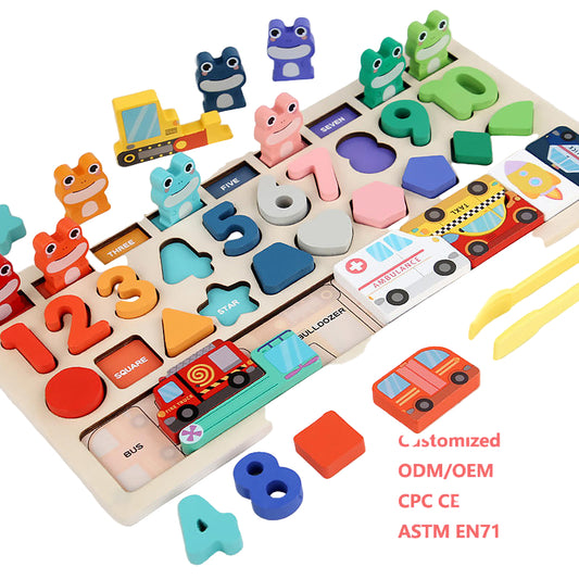 Montessori Wooden Frog Counting & Shape Sorting Puzzle Board